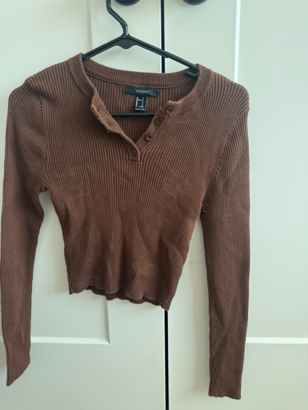 Forever 21 Chocolate Brown Ribbed Henley Long Sleeve Top